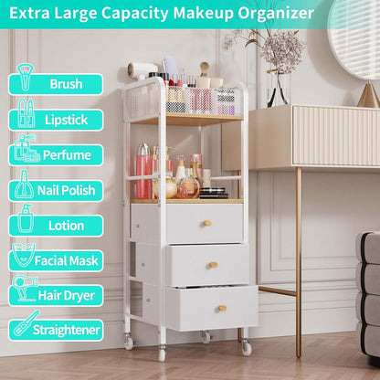 Rolling Makeup Cart Organizer - Floor Skincare Make Up Storage with 3 Non-woven Fabric Drawers, Vanity Organizer Cosmetic Display Cases Holder for Skin Care Perfume Nail Polish Brush Hair Tool
