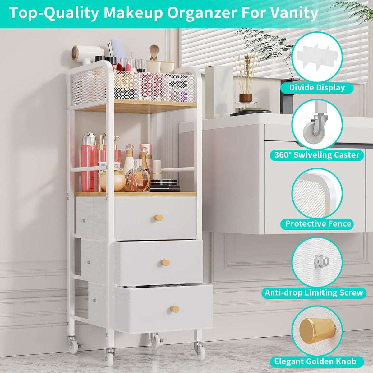 Rolling Makeup Cart Organizer - Floor Skincare Make Up Storage with 3 Non-woven Fabric Drawers, Vanity Organizer Cosmetic Display Cases Holder for Skin Care Perfume Nail Polish Brush Hair Tool