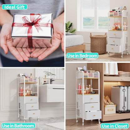 Rolling Makeup Cart Organizer - Floor Skincare Make Up Storage with 3 Non-woven Fabric Drawers, Vanity Organizer Cosmetic Display Cases Holder for Skin Care Perfume Nail Polish Brush Hair Tool