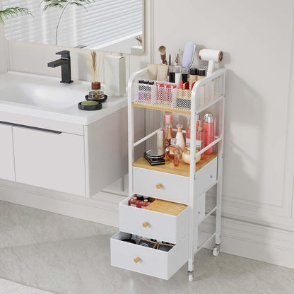 Rolling Makeup Cart Organizer - Floor Skincare Make Up Storage with 3 Non-woven Fabric Drawers, Vanity Organizer Cosmetic Display Cases Holder for Skin Care Perfume Nail Polish Brush Hair Tool