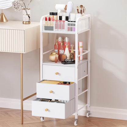 Rolling Makeup Cart Organizer - Floor Skincare Make Up Storage with 3 Non-woven Fabric Drawers, Vanity Organizer Cosmetic Display Cases Holder for Skin Care Perfume Nail Polish Brush Hair Tool