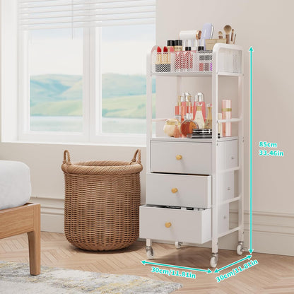Rolling Makeup Cart Organizer - Floor Skincare Make Up Storage with 3 Non-woven Fabric Drawers, Vanity Organizer Cosmetic Display Cases Holder for Skin Care Perfume Nail Polish Brush Hair Tool