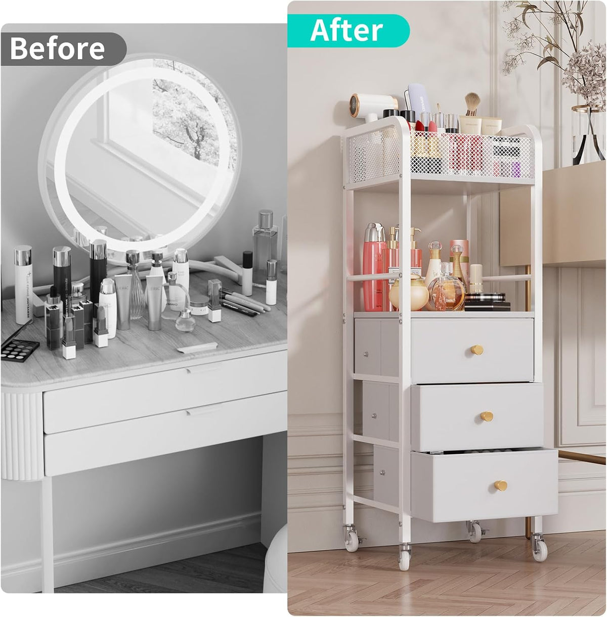 Rolling Makeup Cart Organizer - Floor Skincare Make Up Storage with 3 Non-woven Fabric Drawers, Vanity Organizer Cosmetic Display Cases Holder for Skin Care Perfume Nail Polish Brush Hair Tool