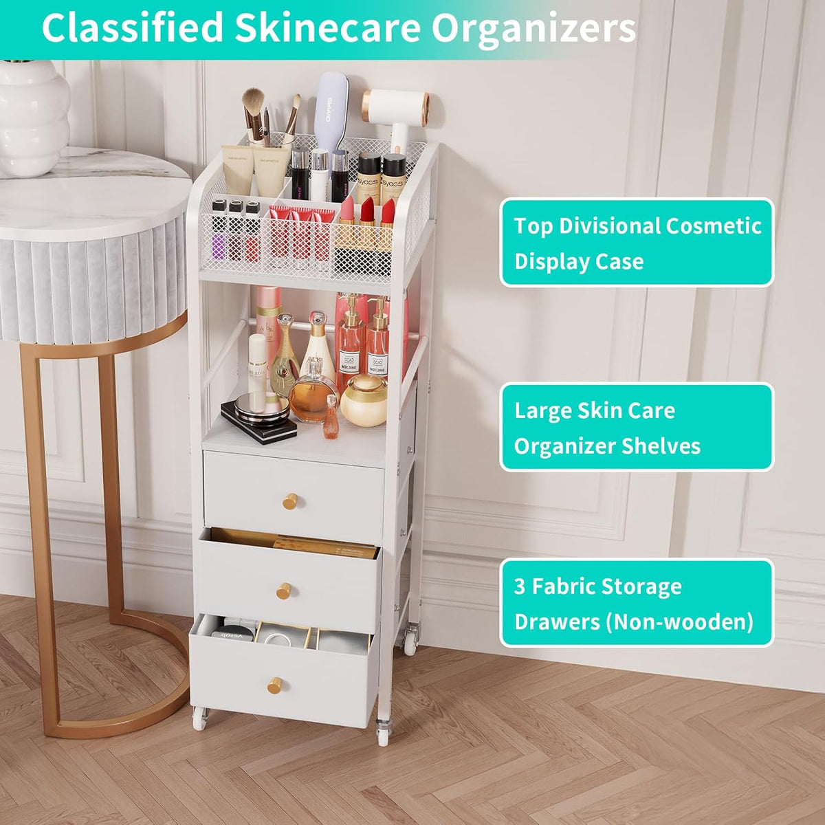 Rolling Makeup Cart Organizer - Floor Skincare Make Up Storage with 3 Non-woven Fabric Drawers, Vanity Organizer Cosmetic Display Cases Holder for Skin Care Perfume Nail Polish Brush Hair Tool
