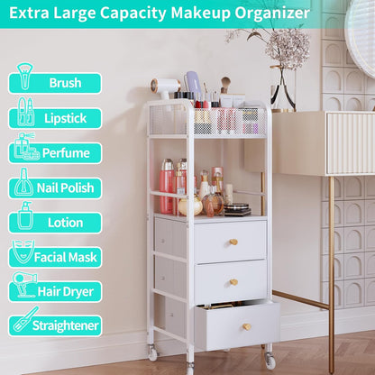 Rolling Makeup Cart Organizer - Floor Skincare Make Up Storage with 3 Non-woven Fabric Drawers, Vanity Organizer Cosmetic Display Cases Holder for Skin Care Perfume Nail Polish Brush Hair Tool