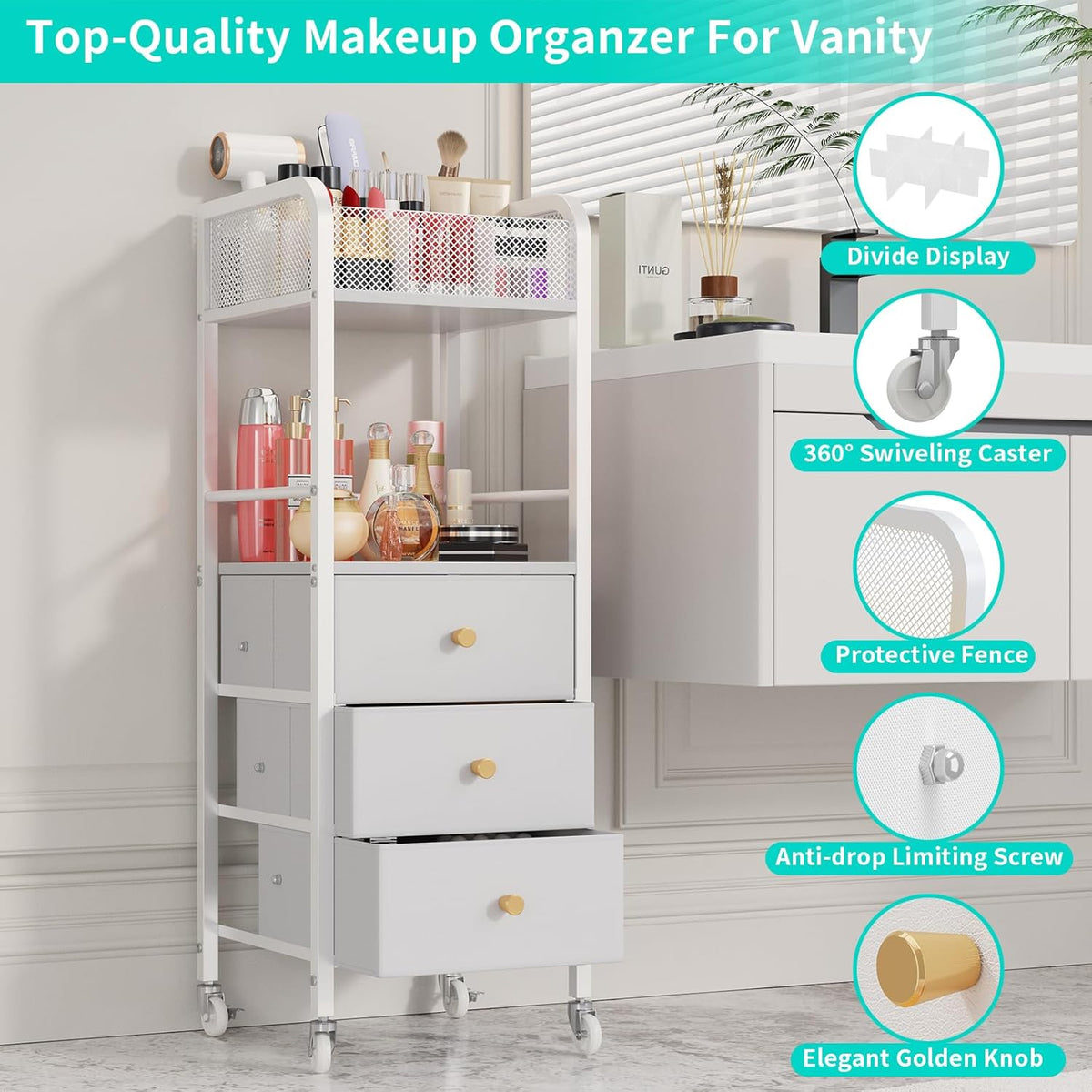 Rolling Makeup Cart Organizer - Floor Skincare Make Up Storage with 3 Non-woven Fabric Drawers, Vanity Organizer Cosmetic Display Cases Holder for Skin Care Perfume Nail Polish Brush Hair Tool