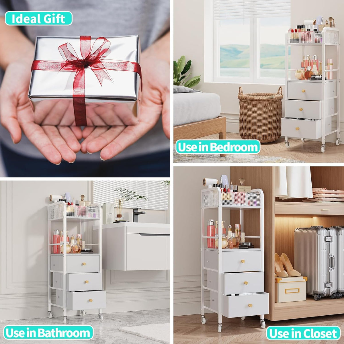 Rolling Makeup Cart Organizer - Floor Skincare Make Up Storage with 3 Non-woven Fabric Drawers, Vanity Organizer Cosmetic Display Cases Holder for Skin Care Perfume Nail Polish Brush Hair Tool