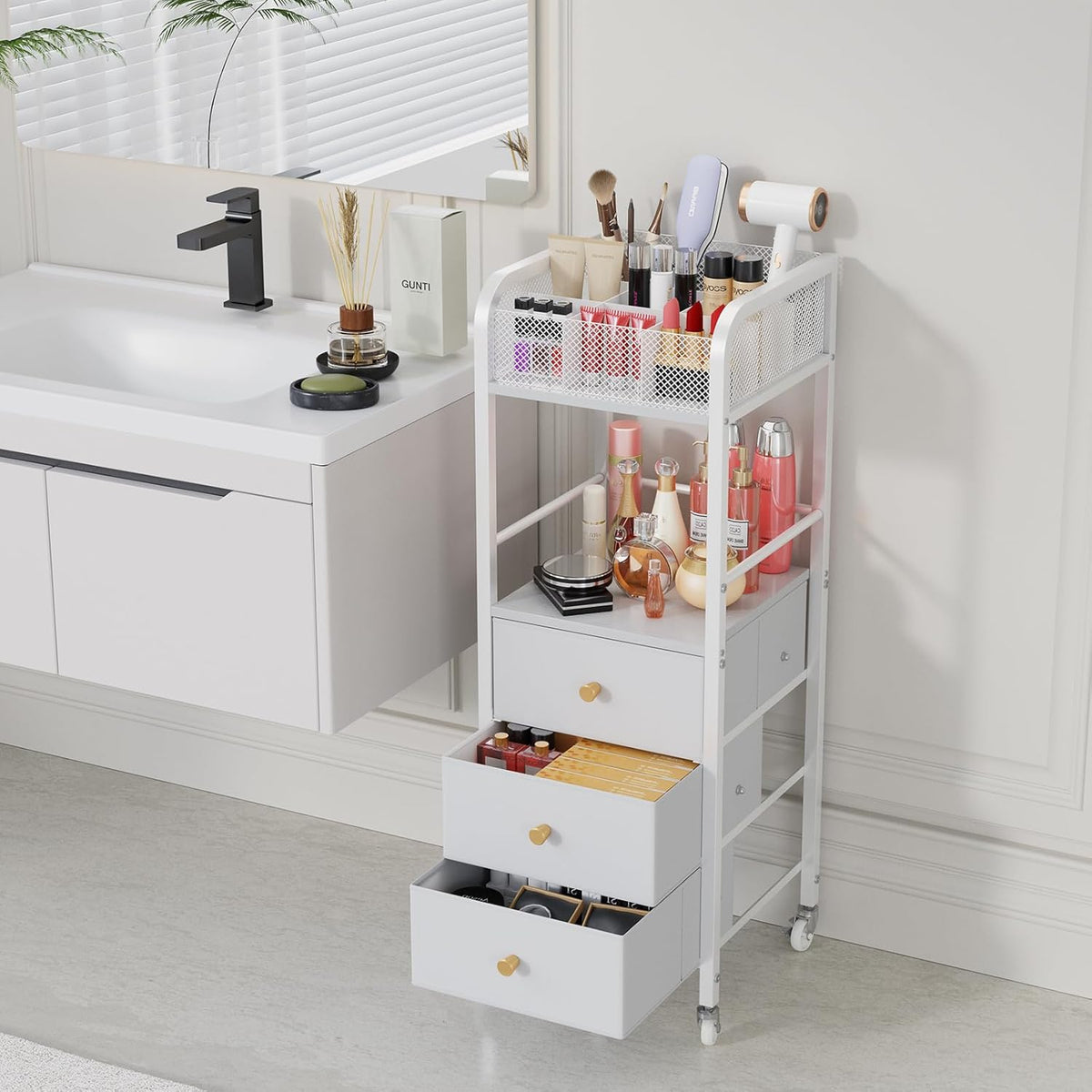 Rolling Makeup Cart Organizer - Floor Skincare Make Up Storage with 3 Non-woven Fabric Drawers, Vanity Organizer Cosmetic Display Cases Holder for Skin Care Perfume Nail Polish Brush Hair Tool