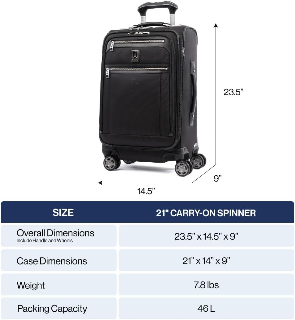 Platinum Elite Softside Expandable Carry on Luggage, 8 Wheel Spinner Suitcase, USB Port, Suiter, Men and Women, Shadow Black, Carry On 21-Inch