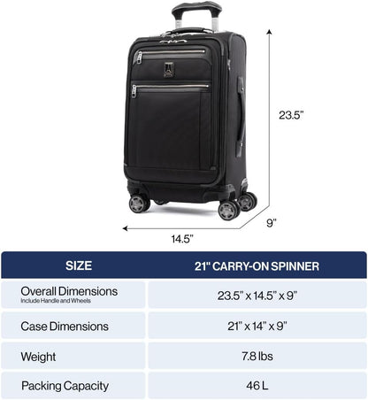Platinum Elite Softside Expandable Carry on Luggage, 8 Wheel Spinner Suitcase, USB Port, Suiter, Men and Women, Shadow Black, Carry On 21-Inch