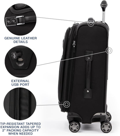 Platinum Elite Softside Expandable Carry on Luggage, 8 Wheel Spinner Suitcase, USB Port, Suiter, Men and Women, Shadow Black, Carry On 21-Inch