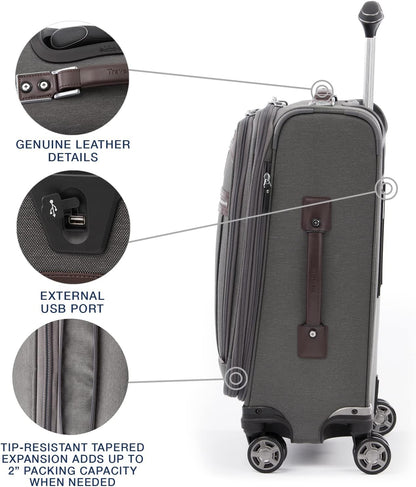 Platinum Elite Softside Expandable Carry on Luggage, 8 Wheel Spinner Suitcase, USB Port, Suiter, Men and Women, Shadow Black, Carry On 21-Inch