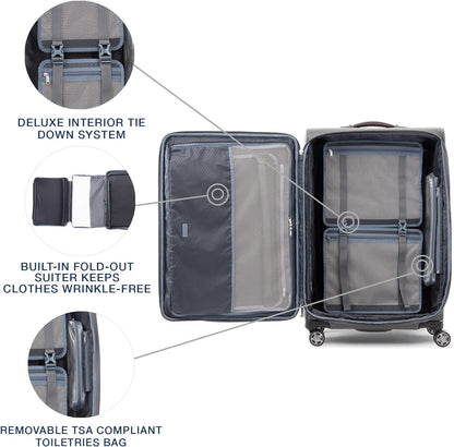 Platinum Elite Softside Expandable Carry on Luggage, 8 Wheel Spinner Suitcase, USB Port, Suiter, Men and Women, Shadow Black, Carry On 21-Inch