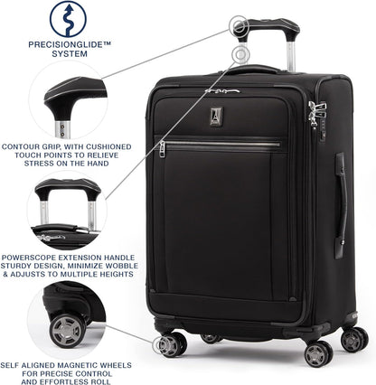 Platinum Elite Softside Expandable Carry on Luggage, 8 Wheel Spinner Suitcase, USB Port, Suiter, Men and Women, Shadow Black, Carry On 21-Inch