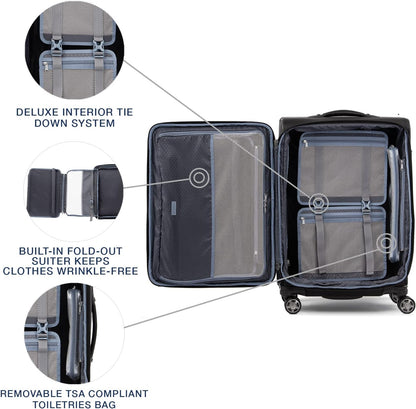 Platinum Elite Softside Expandable Carry on Luggage, 8 Wheel Spinner Suitcase, USB Port, Suiter, Men and Women, Shadow Black, Carry On 21-Inch