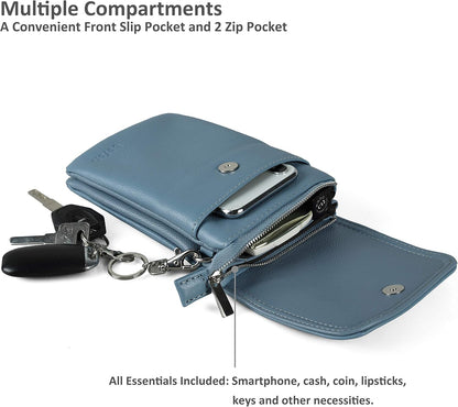 Genuine Leather Small Crossbody Bags for Women Cell Phone Bag Cross Body Purses,Silver Zipper