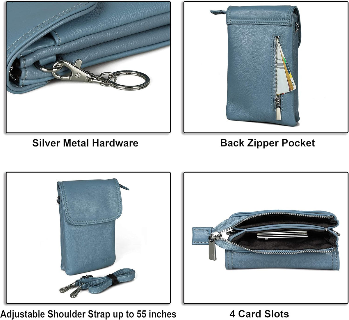 Genuine Leather Small Crossbody Bags for Women Cell Phone Bag Cross Body Purses,Silver Zipper