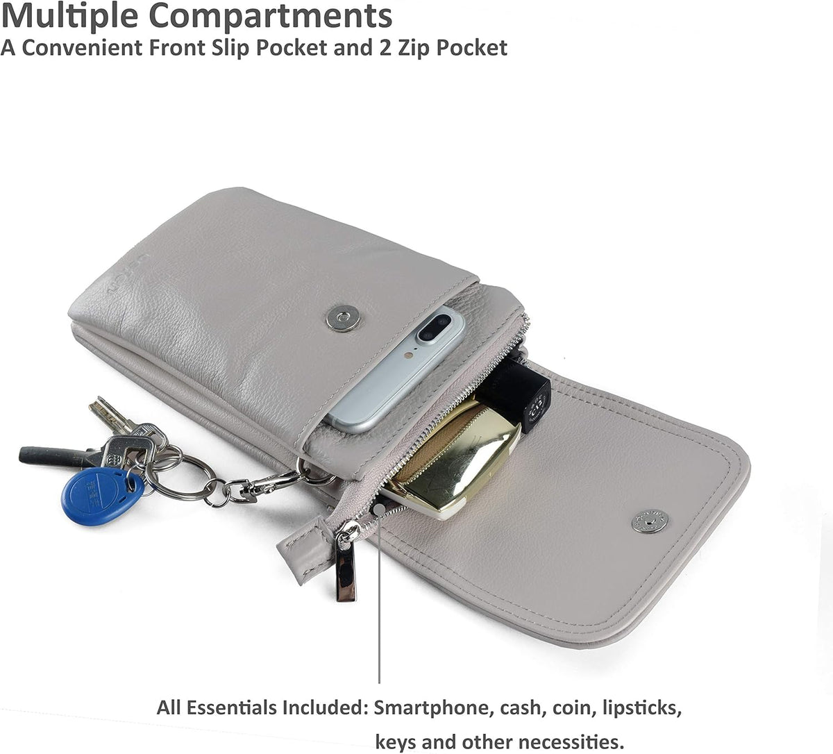 Genuine Leather Small Crossbody Bags for Women Cell Phone Bag Cross Body Purses,Silver Zipper