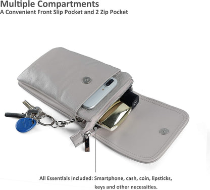 Genuine Leather Small Crossbody Bags for Women Cell Phone Bag Cross Body Purses,Silver Zipper