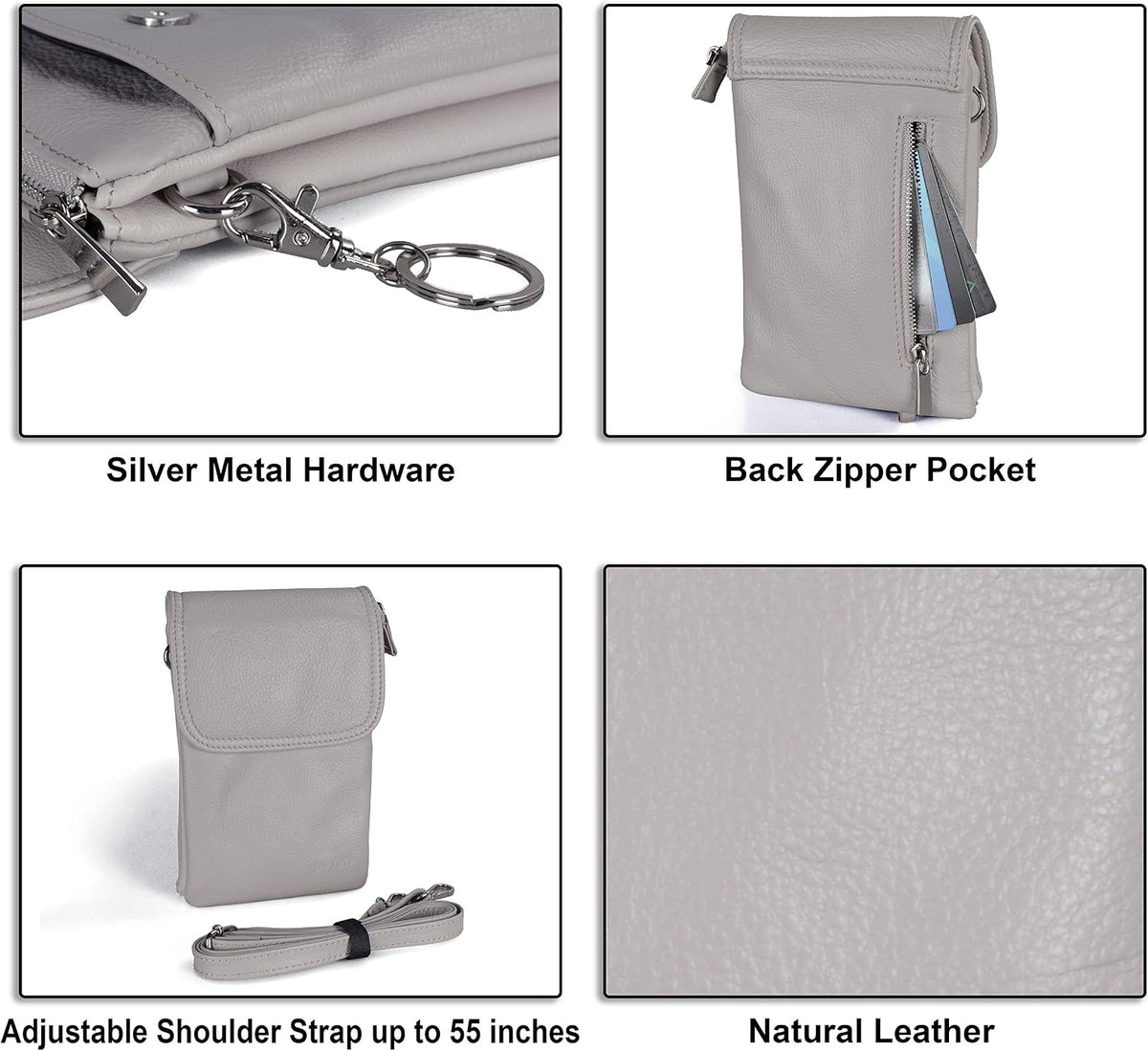 Genuine Leather Small Crossbody Bags for Women Cell Phone Bag Cross Body Purses,Silver Zipper