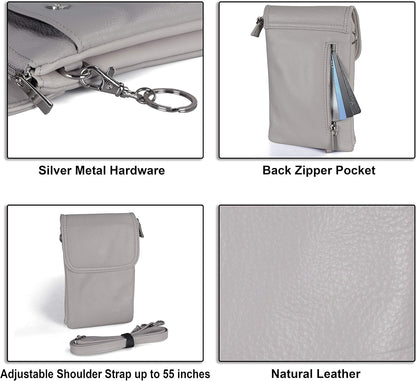 Genuine Leather Small Crossbody Bags for Women Cell Phone Bag Cross Body Purses,Silver Zipper