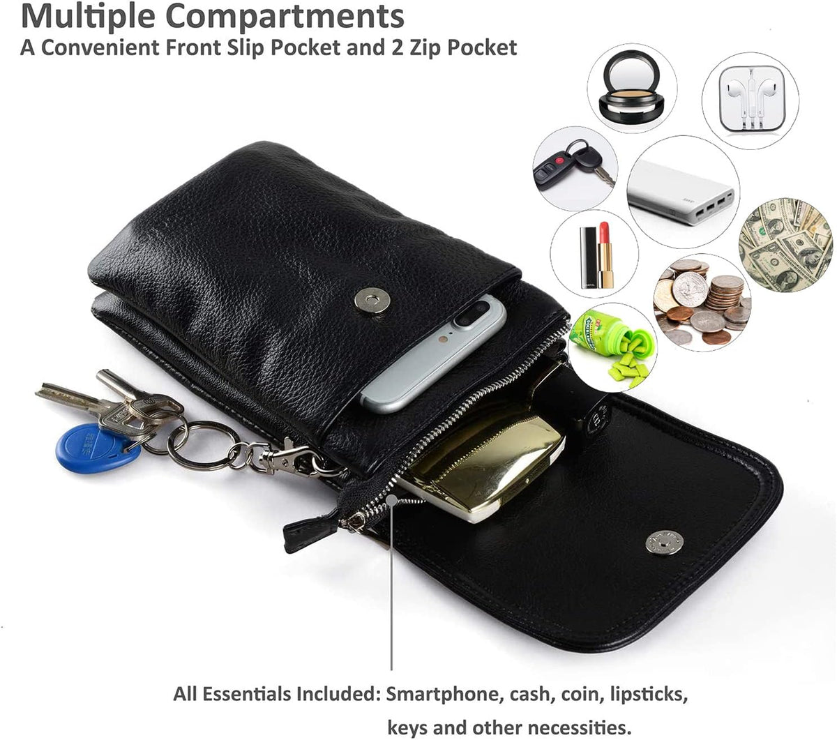 Genuine Leather Small Crossbody Bags for Women Cell Phone Bag Cross Body Purses,Silver Zipper