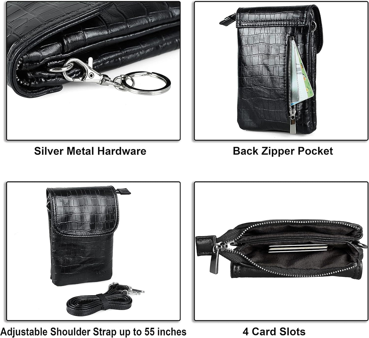 Genuine Leather Small Crossbody Bags for Women Cell Phone Bag Cross Body Purses,Silver Zipper
