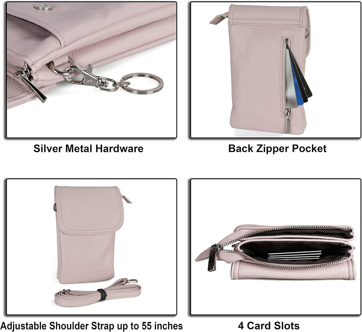 Genuine Leather Small Crossbody Bags for Women Cell Phone Bag Cross Body Purses,Silver Zipper