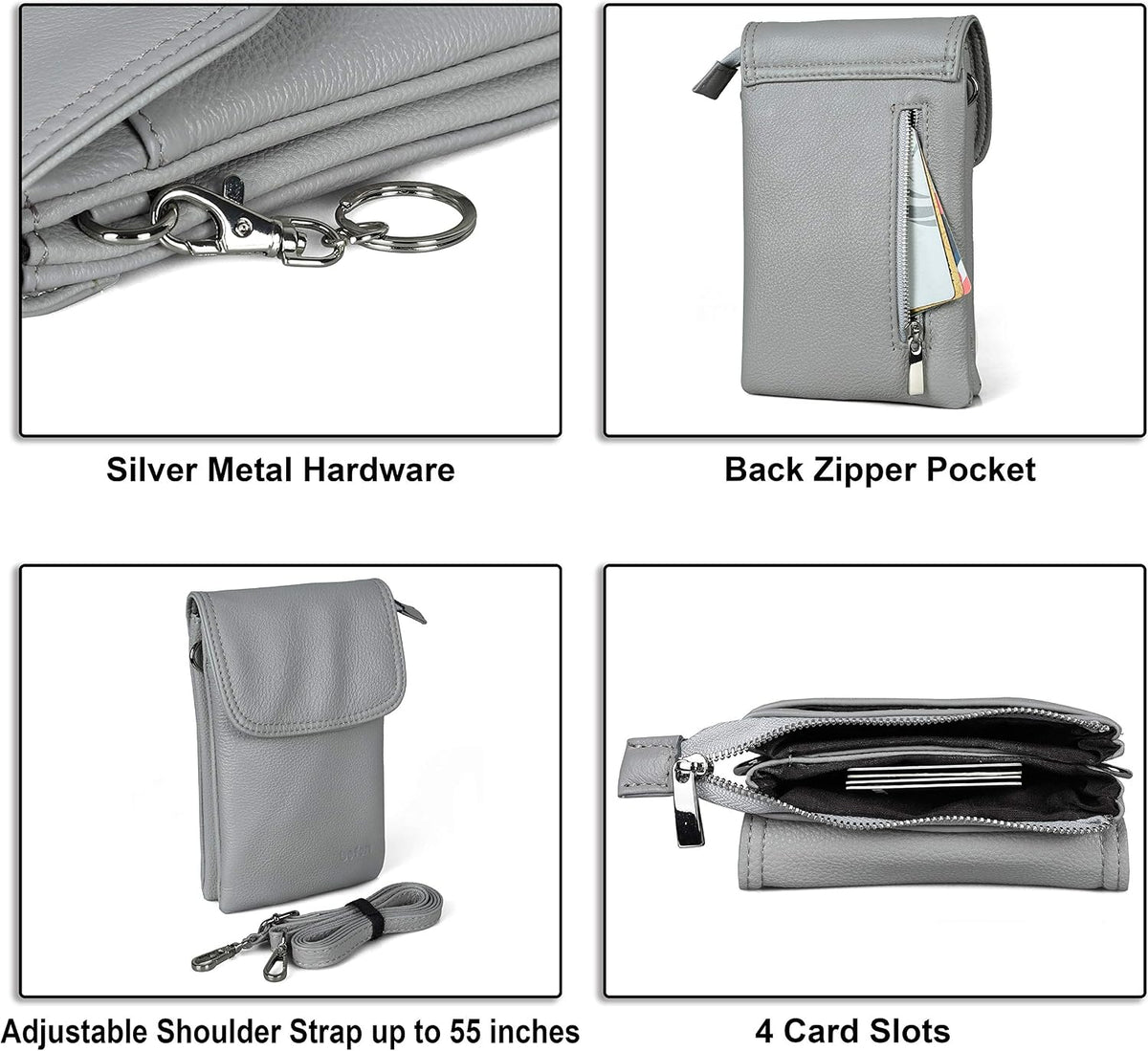 Genuine Leather Small Crossbody Bags for Women Cell Phone Bag Cross Body Purses,Silver Zipper