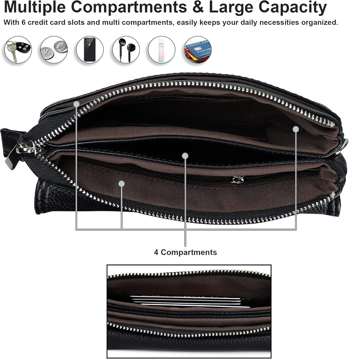 Genuine Leather Small Crossbody Bags for Women Cell Phone Bag Cross Body Purses,Silver Zipper