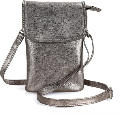 Genuine Leather Small Crossbody Bags for Women Cell Phone Bag Cross Body Purses,Silver Zipper