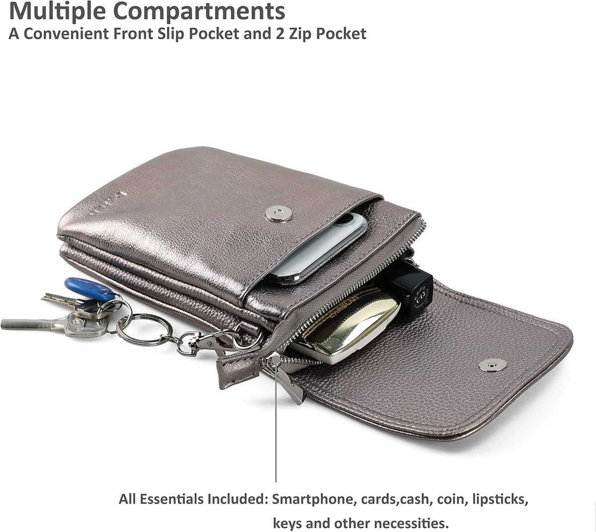 Genuine Leather Small Crossbody Bags for Women Cell Phone Bag Cross Body Purses,Silver Zipper