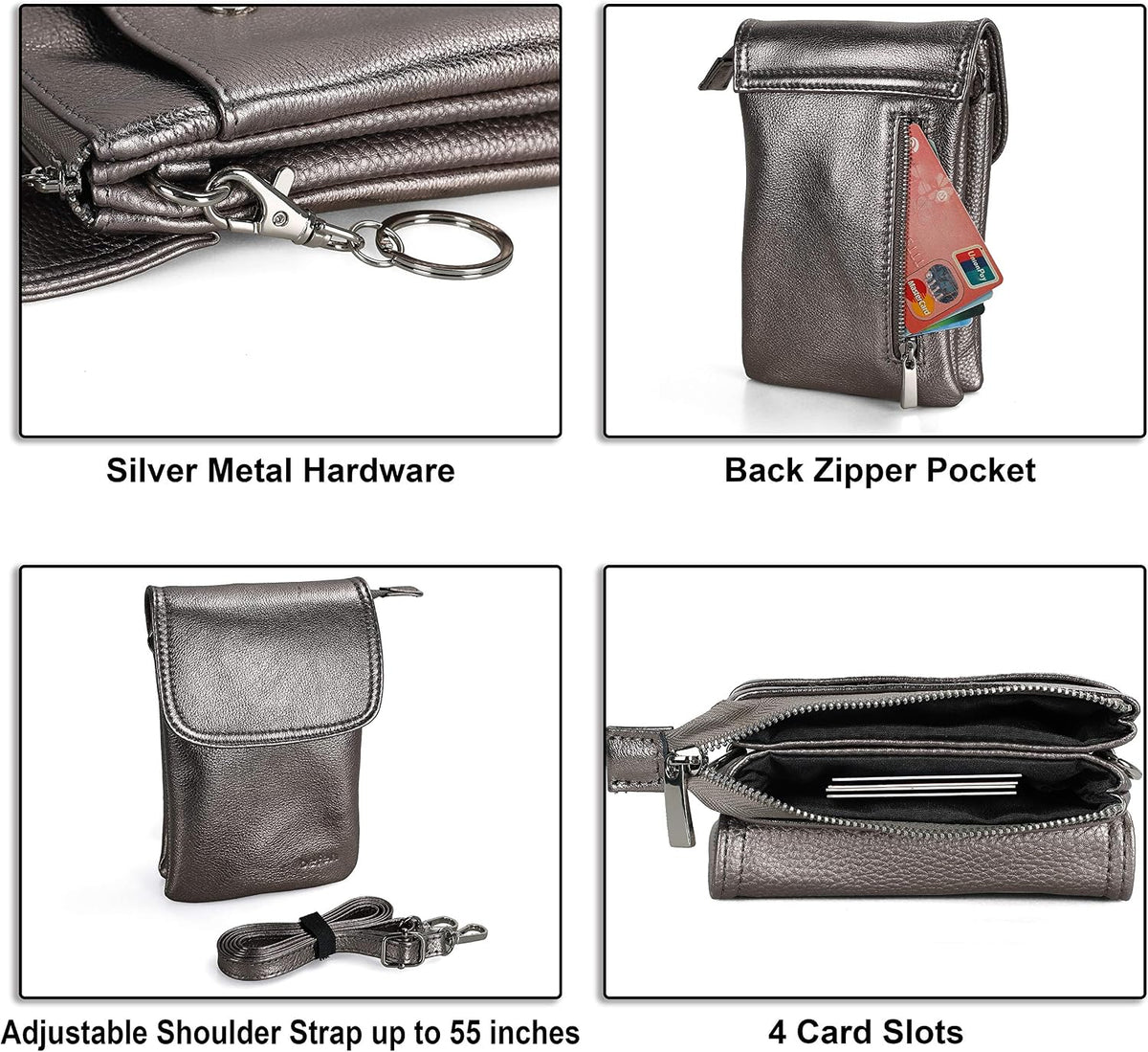 Genuine Leather Small Crossbody Bags for Women Cell Phone Bag Cross Body Purses,Silver Zipper