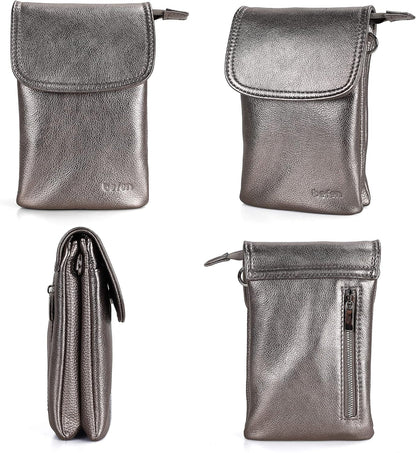 Genuine Leather Small Crossbody Bags for Women Cell Phone Bag Cross Body Purses,Silver Zipper