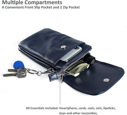 Genuine Leather Small Crossbody Bags for Women Cell Phone Bag Cross Body Purses,Silver Zipper