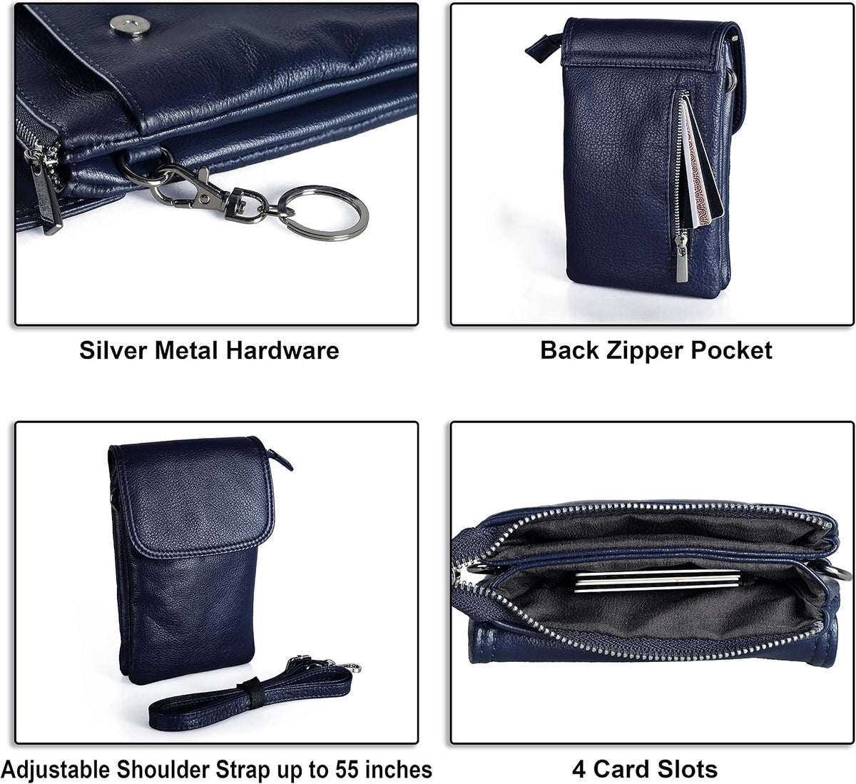 Genuine Leather Small Crossbody Bags for Women Cell Phone Bag Cross Body Purses,Silver Zipper
