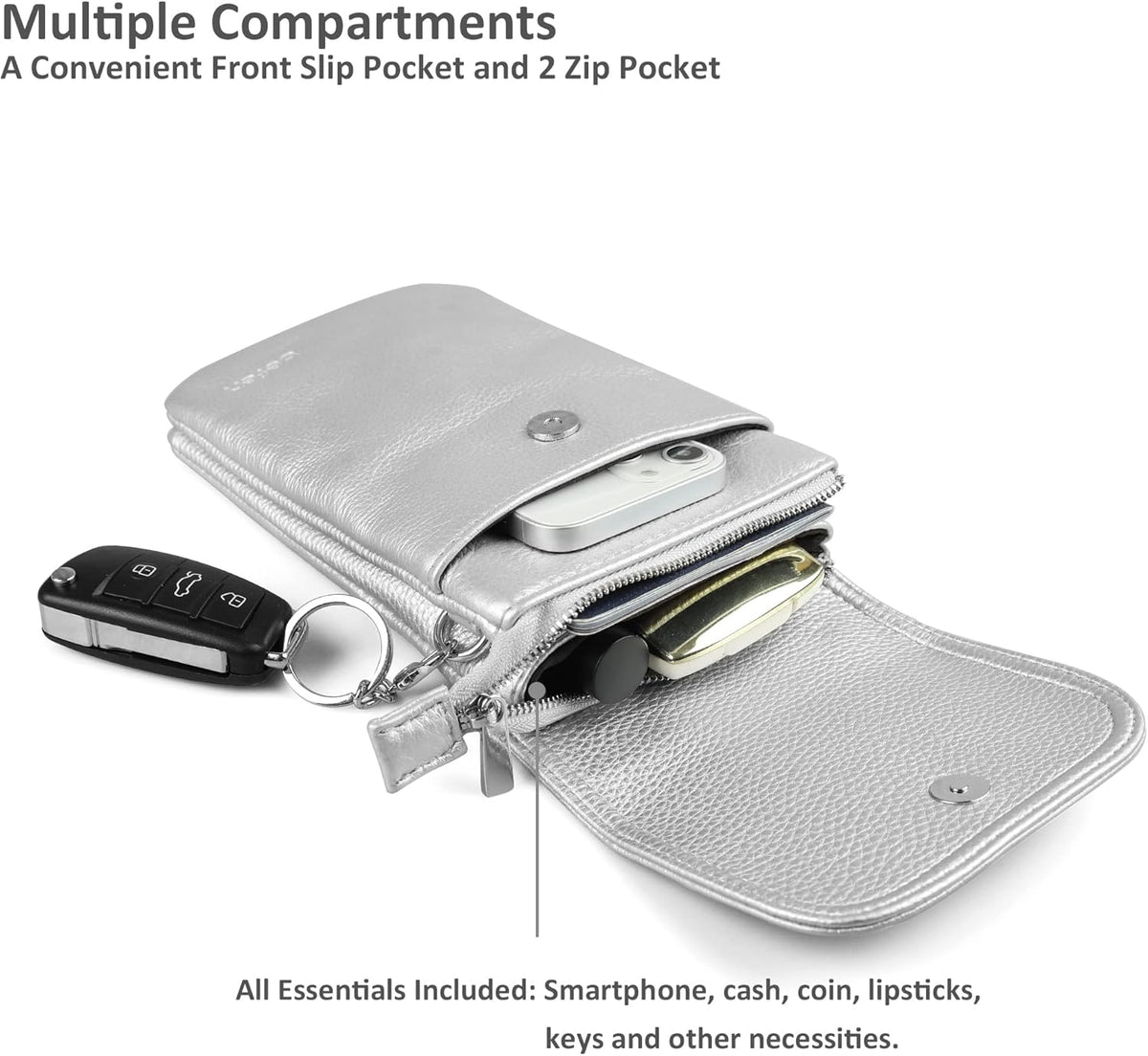 Genuine Leather Small Crossbody Bags for Women Cell Phone Bag Cross Body Purses,Silver Zipper
