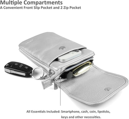 Genuine Leather Small Crossbody Bags for Women Cell Phone Bag Cross Body Purses,Silver Zipper