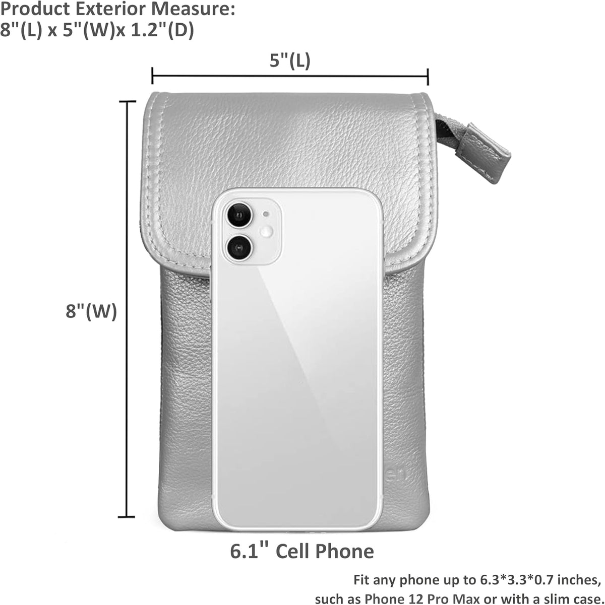 Genuine Leather Small Crossbody Bags for Women Cell Phone Bag Cross Body Purses,Silver Zipper