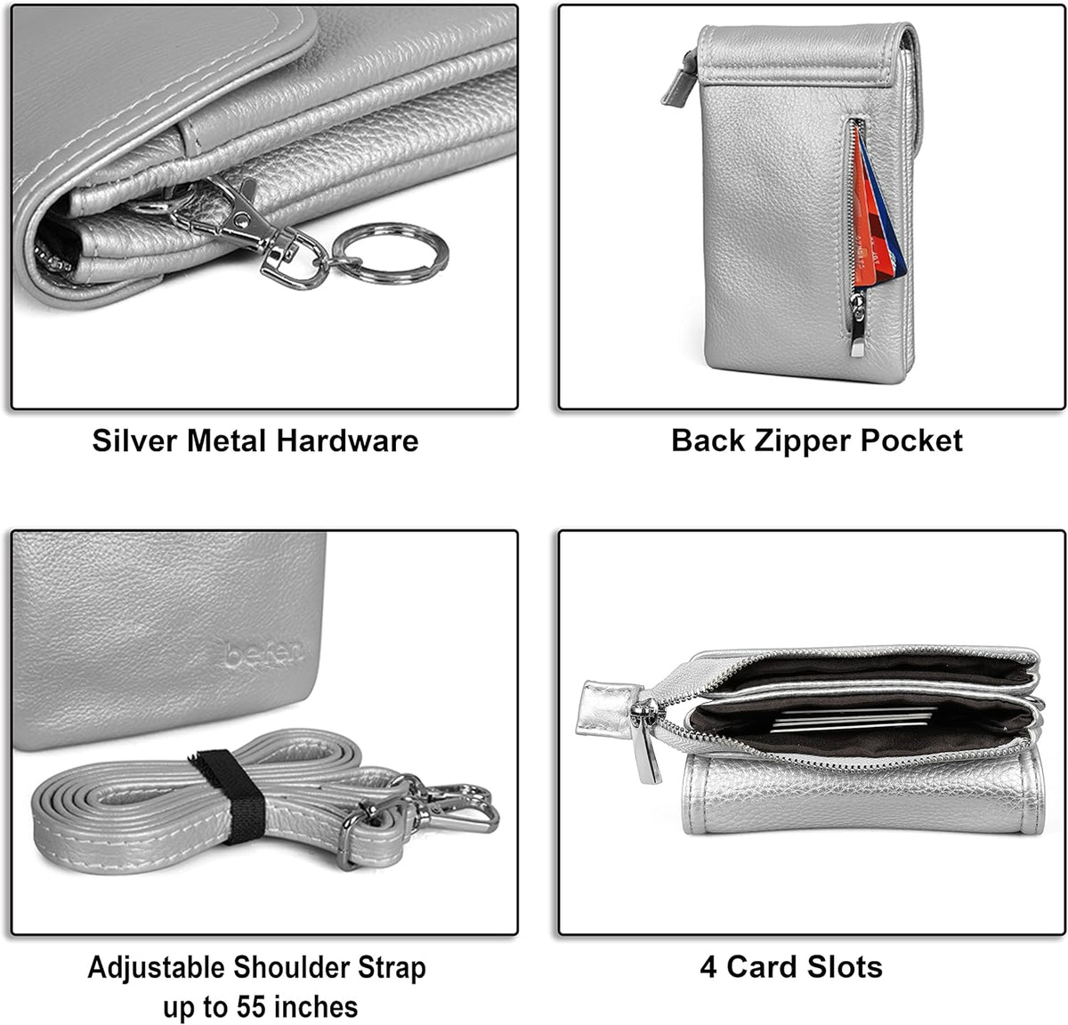 Genuine Leather Small Crossbody Bags for Women Cell Phone Bag Cross Body Purses,Silver Zipper