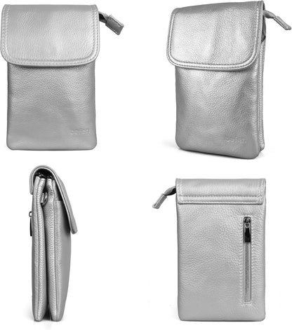 Genuine Leather Small Crossbody Bags for Women Cell Phone Bag Cross Body Purses,Silver Zipper