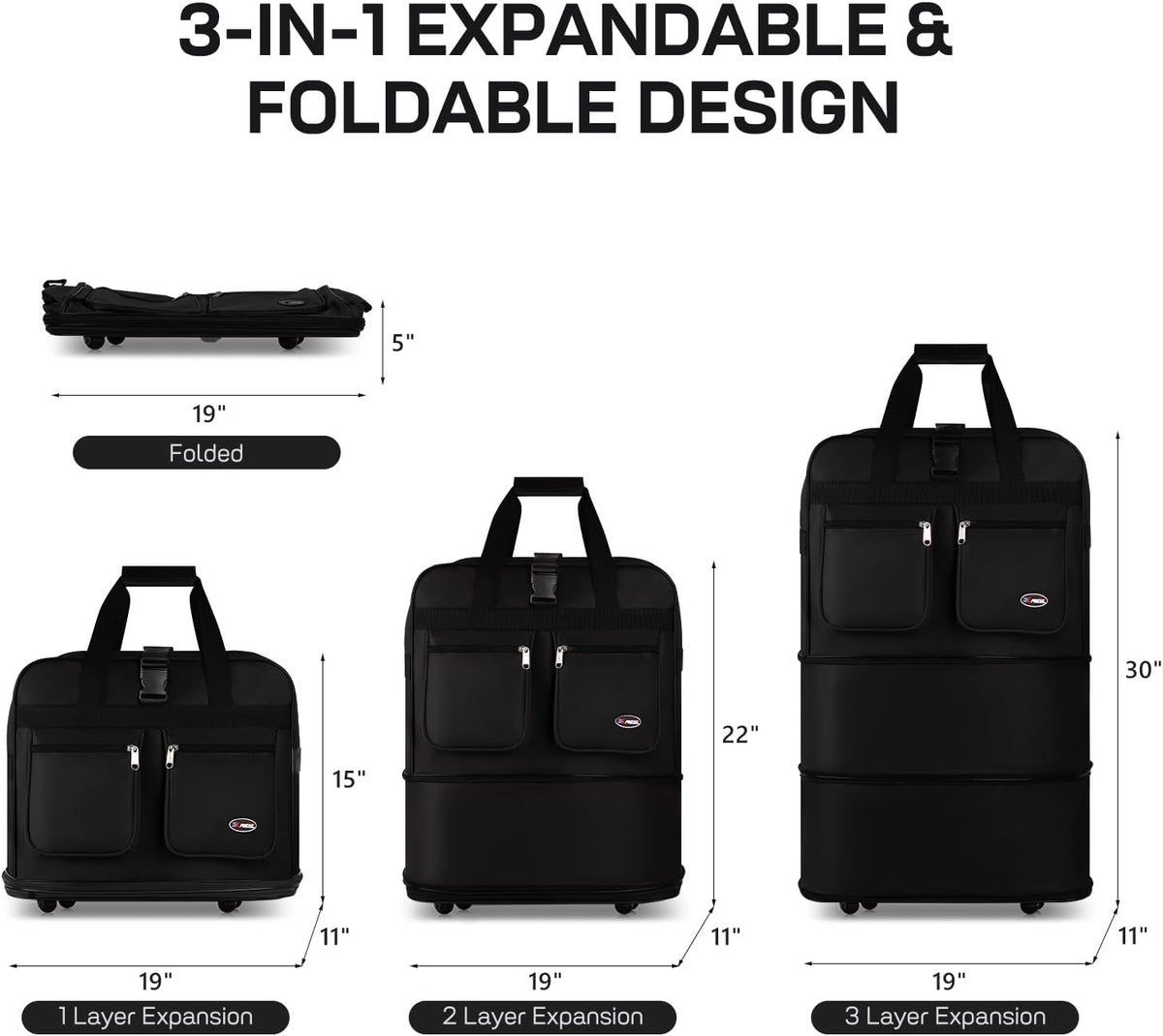 30''36''40''Rolling Wheeled Duffel Bag Suitcases with Wheels Expandable Foldable Luggage Bag Rolling Travel Bag Duffel Bag for Men Women#Black,30