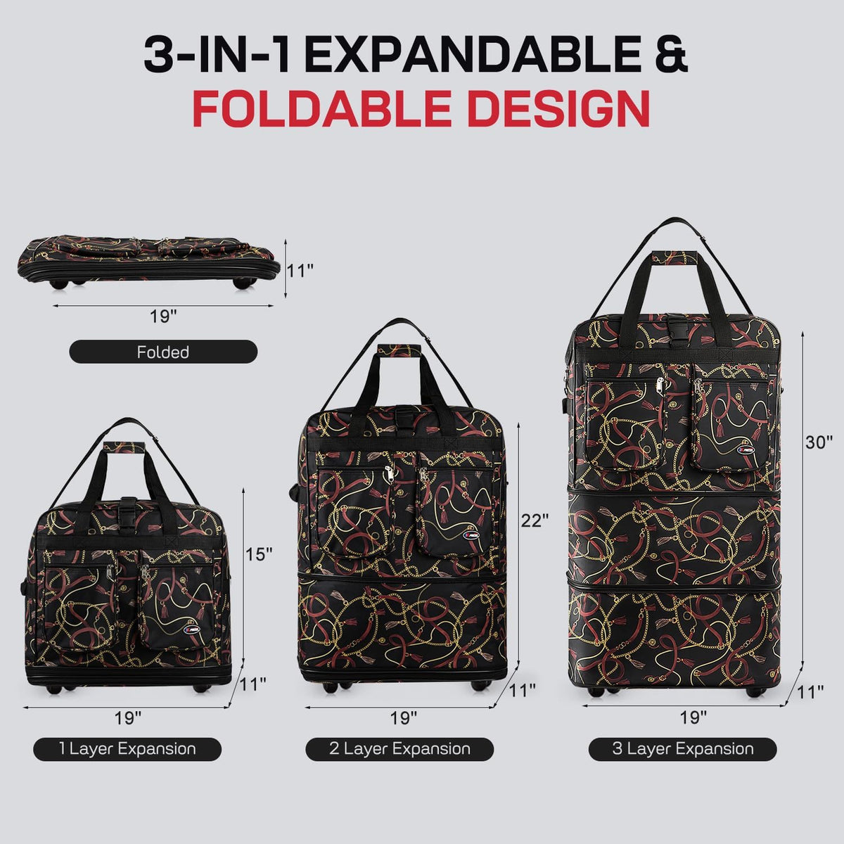 30''36''40''Rolling Wheeled Duffel Bag Suitcases with Wheels Expandable Foldable Luggage Bag Rolling Travel Bag Duffel Bag for Men Women#Black,30