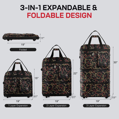 30''36''40''Rolling Wheeled Duffel Bag Suitcases with Wheels Expandable Foldable Luggage Bag Rolling Travel Bag Duffel Bag for Men Women#Black,30