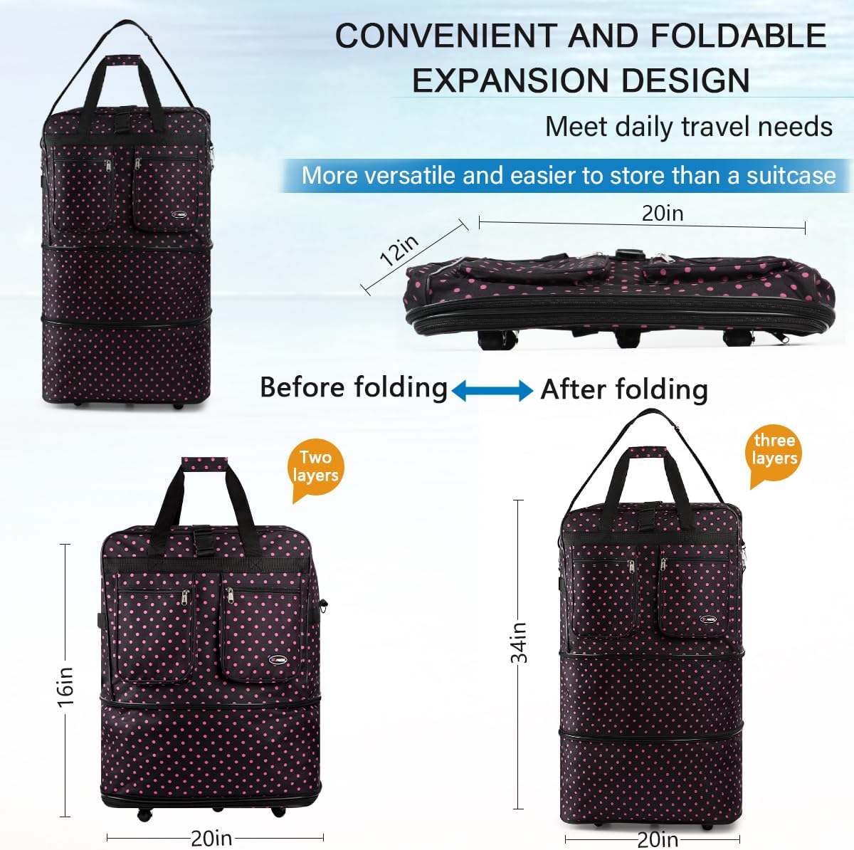30''36''40''Rolling Wheeled Duffel Bag Suitcases with Wheels Expandable Foldable Luggage Bag Rolling Travel Bag Duffel Bag for Men Women#Black,30