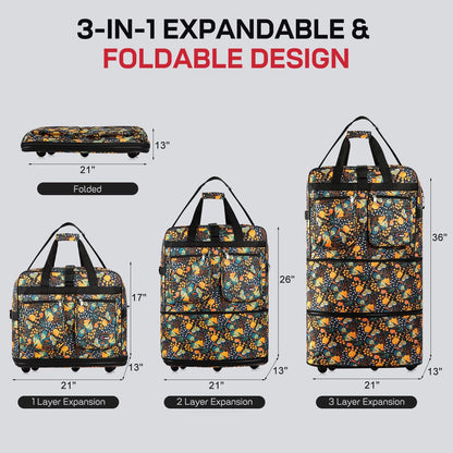 30''36''40''Rolling Wheeled Duffel Bag Suitcases with Wheels Expandable Foldable Luggage Bag Rolling Travel Bag Duffel Bag for Men Women#Black,30