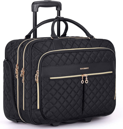 Rolling Laptop Bag Women, 17.3-Inch Quilted Briefcase on Wheels, Computer Case for Business Travel Work