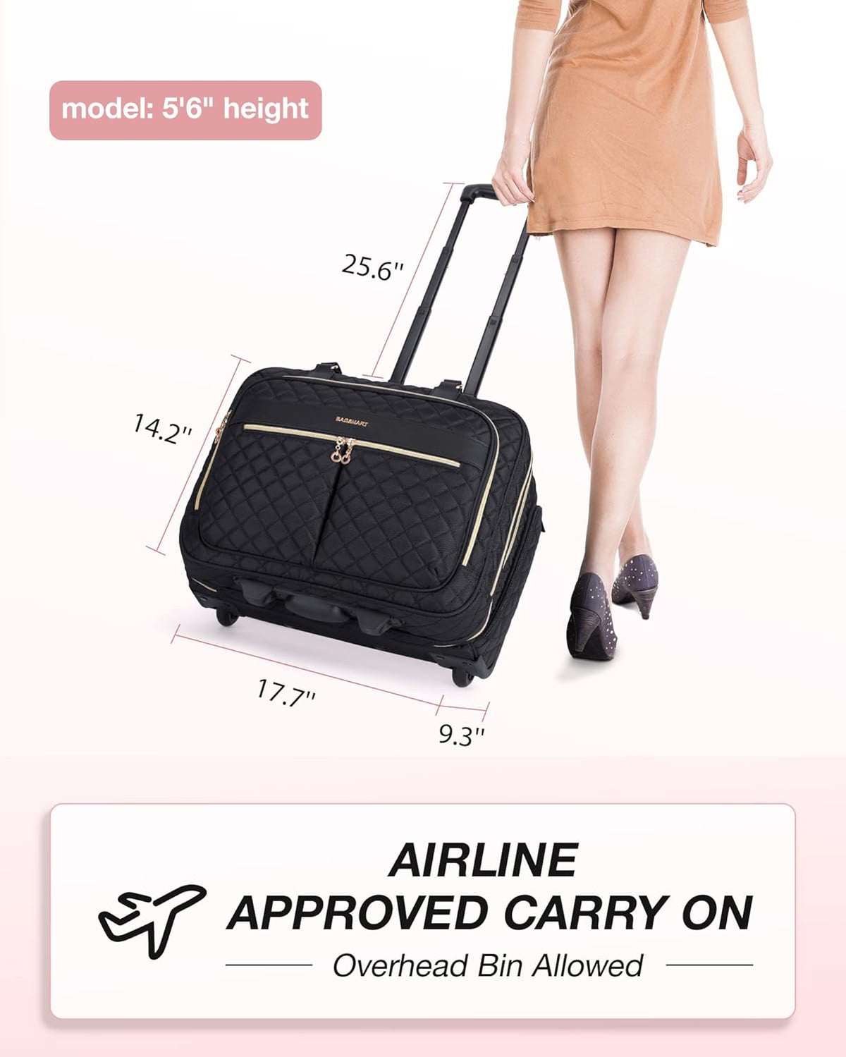 Rolling Laptop Bag Women, 17.3-Inch Quilted Briefcase on Wheels, Computer Case for Business Travel Work