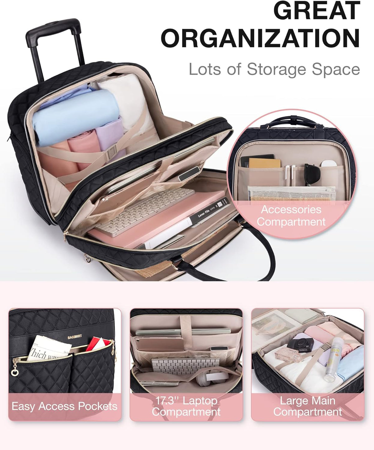 Rolling Laptop Bag Women, 17.3-Inch Quilted Briefcase on Wheels, Computer Case for Business Travel Work