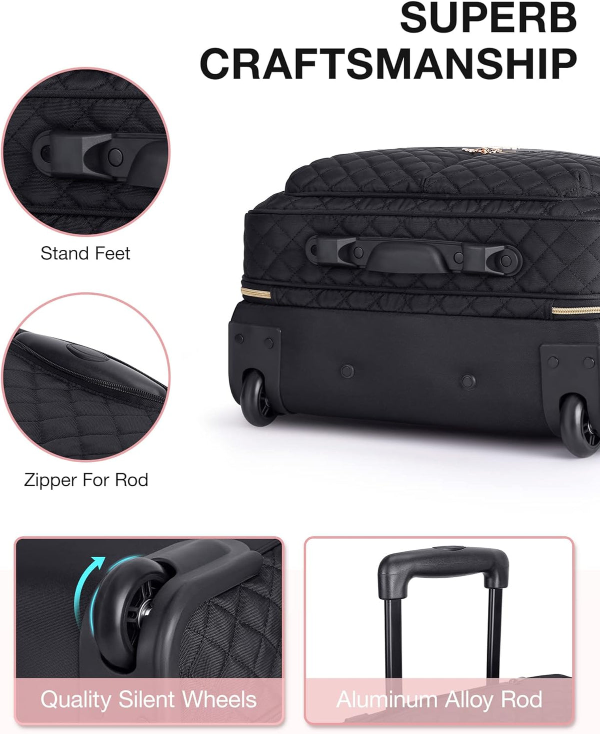 Rolling Laptop Bag Women, 17.3-Inch Quilted Briefcase on Wheels, Computer Case for Business Travel Work